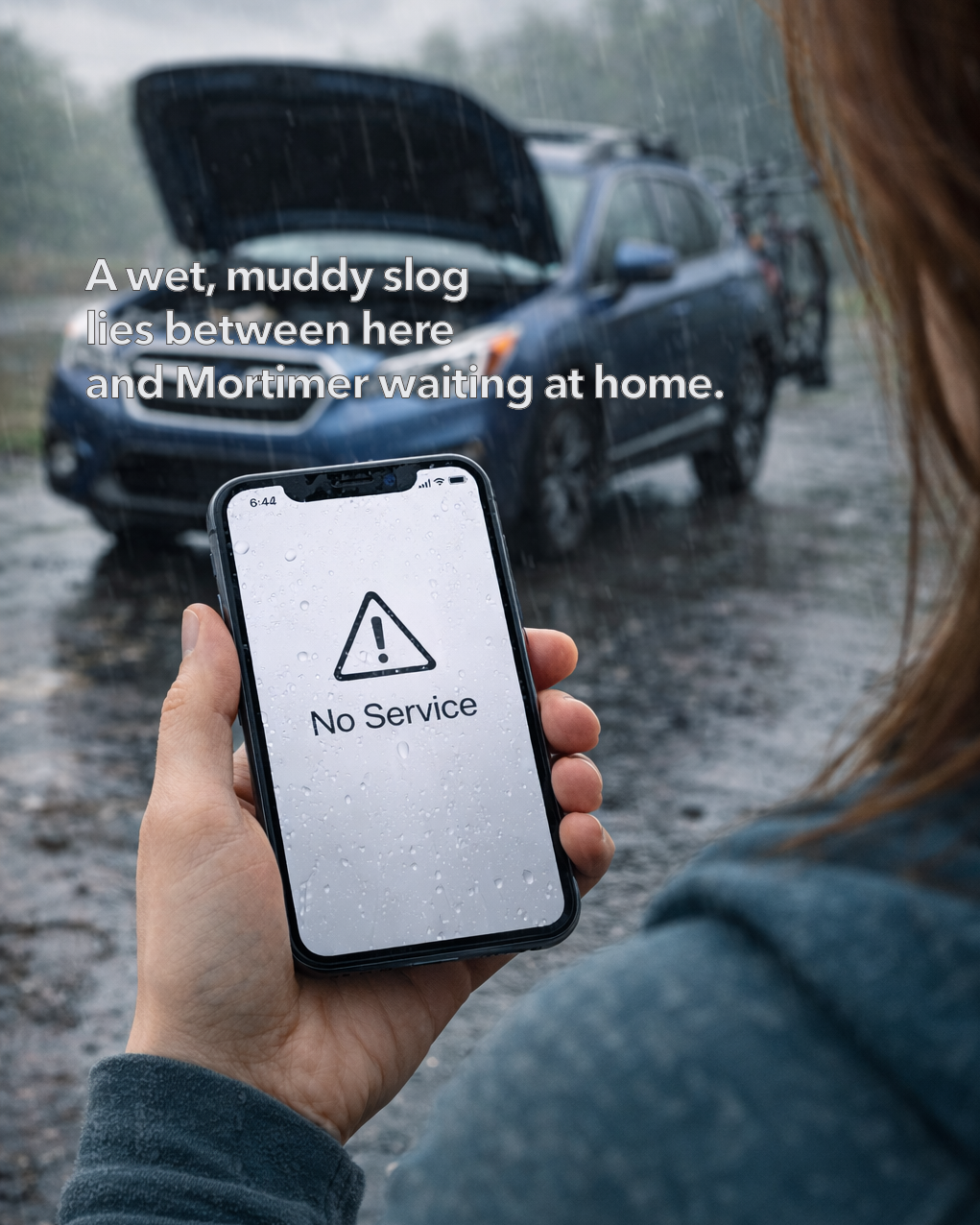 Stranded in the rain with no cellular signal.